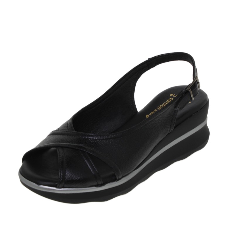 45604071AM - Sandalia Cuña Mujer Piel Negro